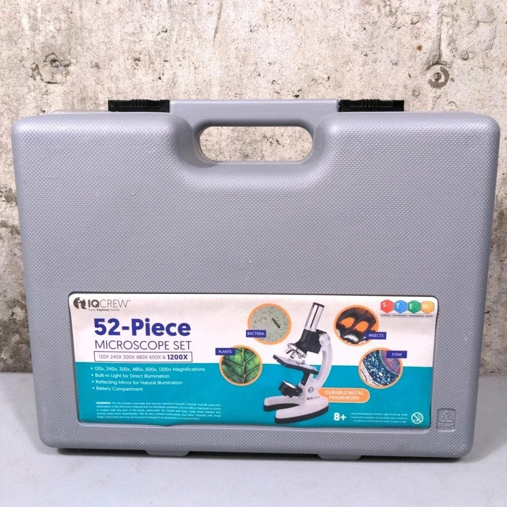 IQCrew 52-Piece Microscope Set Early Explorer Series 1200X STEM Kit w/ Case New‎
